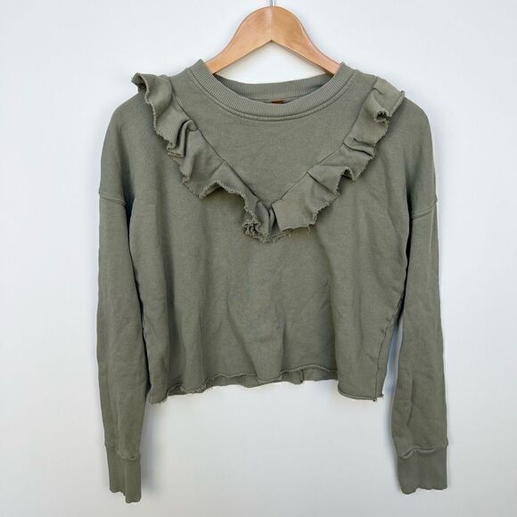 Free People Ooh La Ruffle Sweatshirt long sleeve pullover top green size XS - Picture 3 of 13